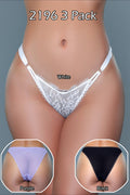 White lace thong with insets of purple and black options on a gray background