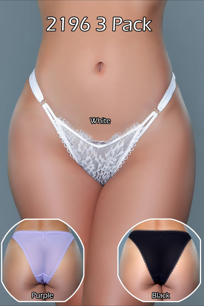 White lace thong with insets of purple and black options on a gray background
