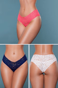 Three pairs of lace underwear in pink, blue, and white on a plain background.