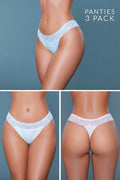 Three-pack of light blue lace panties on a gray background