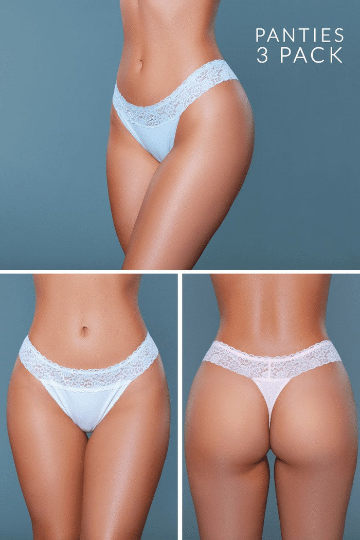 Three-pack of light blue lace panties on a gray background