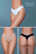 Three pairs of panties displayed on a person against a gray background, with text indicating 'Panties 3 Pack'.