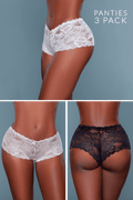 Three-pack of lace panties on a neutral background