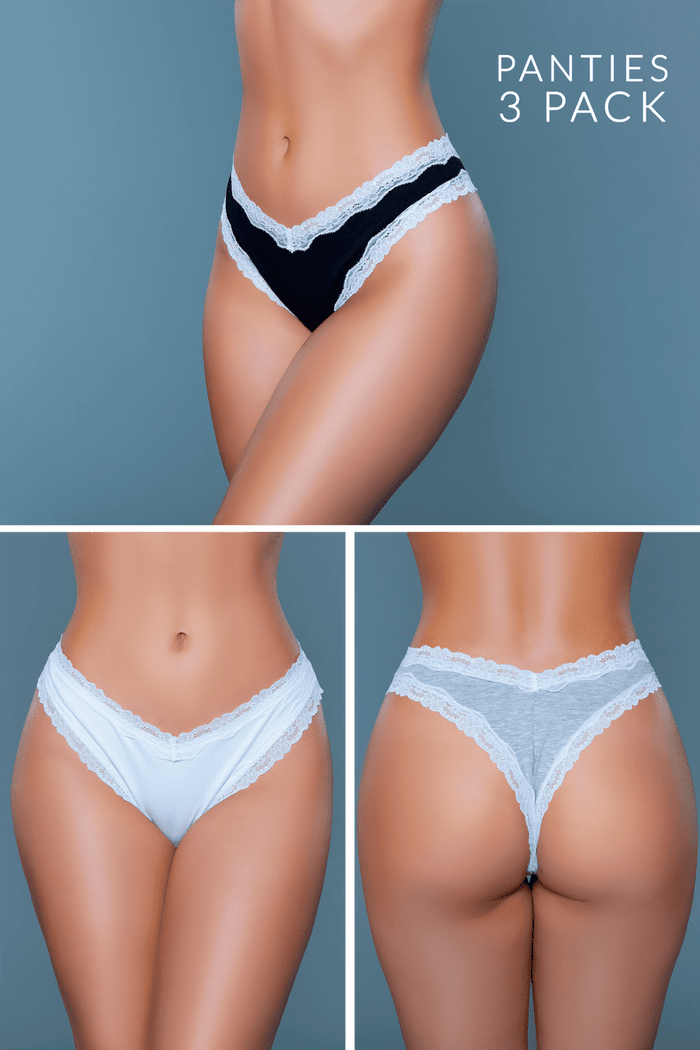 Three pairs of panties displayed on a model against a gray background, with text indicating 'Panties 3 Pack'.