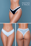 Three pairs of panties displayed on a model against a gray background, with text indicating 'Panties 3 Pack'.