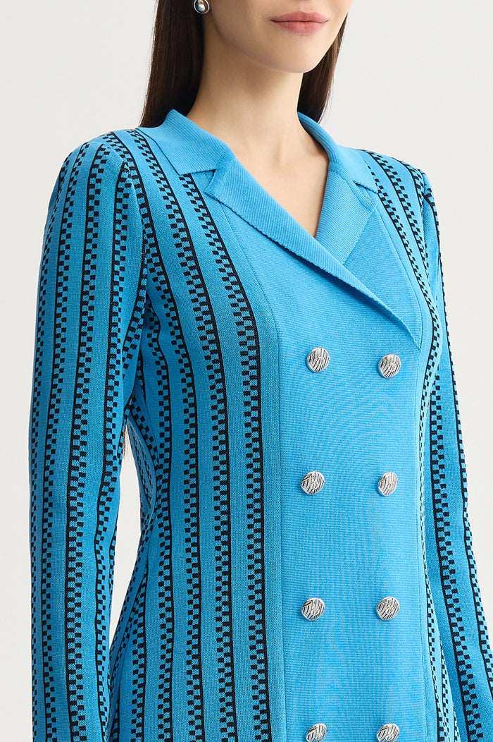 A-Line Faux Double Breasted Knit Dress, Tranquil Blue/Black | Ming Wang