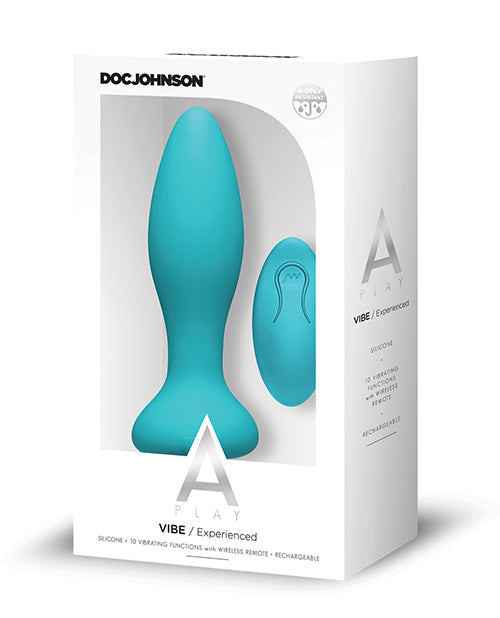 Turquoise A-Vibe product in packaging with Doc Johnson branding on a white background