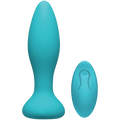 Turquoise silicone butt plug with brand logo on a white background