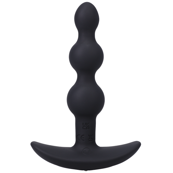 Black silicone butt plug on a white background