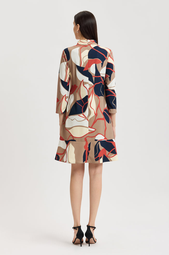 Abstract Floral Printed Stretch Deco Crepe Dress, Warm Taupe/Indigo/French Almond/Sienna/Ivory | Ming Wang