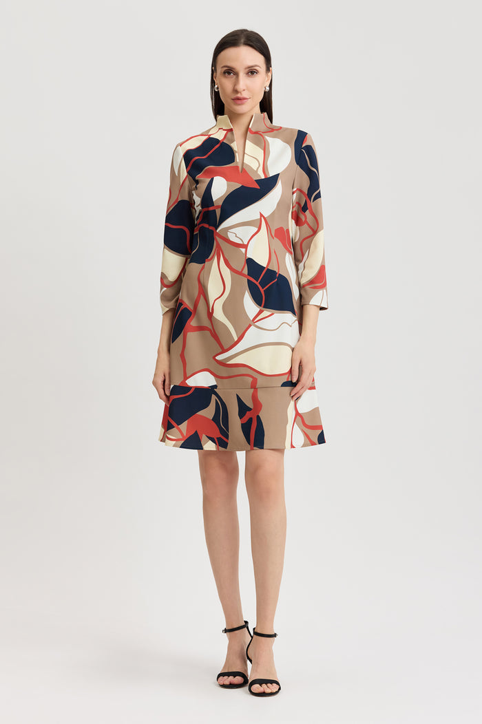 Abstract Floral Printed Stretch Deco Crepe Dress, Warm Taupe/Indigo/French Almond/Sienna/Ivory | Ming Wang