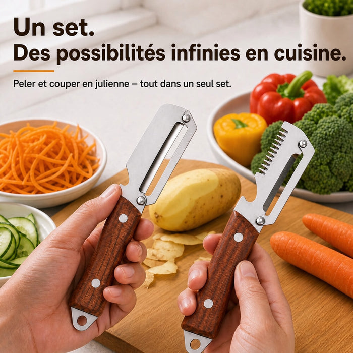 🔪🥒 Achetez-en 1, obtenez-en 1 GRATUITEMENT ! 🍎 Éplucheur Multifonctionnel en Bois – Lame Inox Ultra-Tranchante + Décapsuleur Intégré