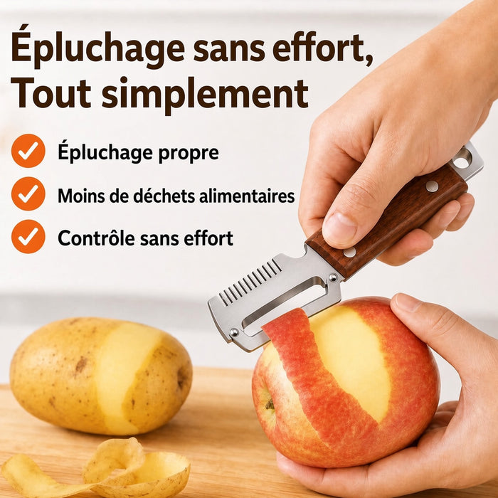 🔪🥒 Achetez-en 1, obtenez-en 1 GRATUITEMENT ! 🍎 Éplucheur Multifonctionnel en Bois – Lame Inox Ultra-Tranchante + Décapsuleur Intégré