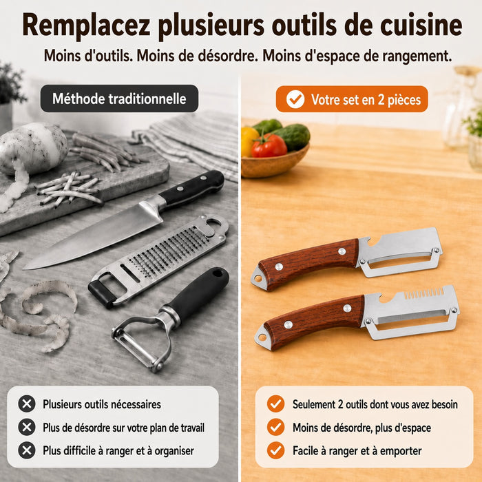 🔪🥬 Achetez-en 1, obtenez-en 1 GRATUITEMENT ! 🥔 Éplucheur Multifonctionnel en Bois – Lame Inox Ultra-Tranchante + Décapsuleur Intégré 🥕🍎🔥