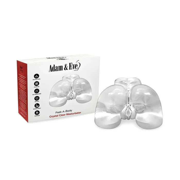 Clear masturbator with packaging labeled 'Adam & Eve' on a white background