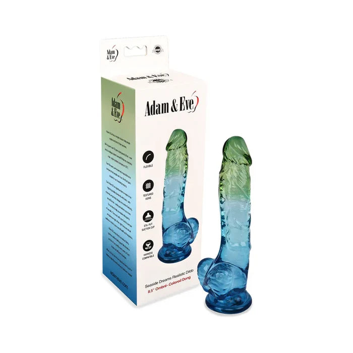 Blue and green dildos with packaging on a white background