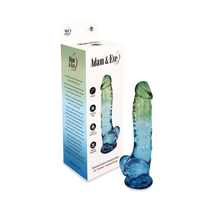 Blue and green silicone dildos with packaging on a white background