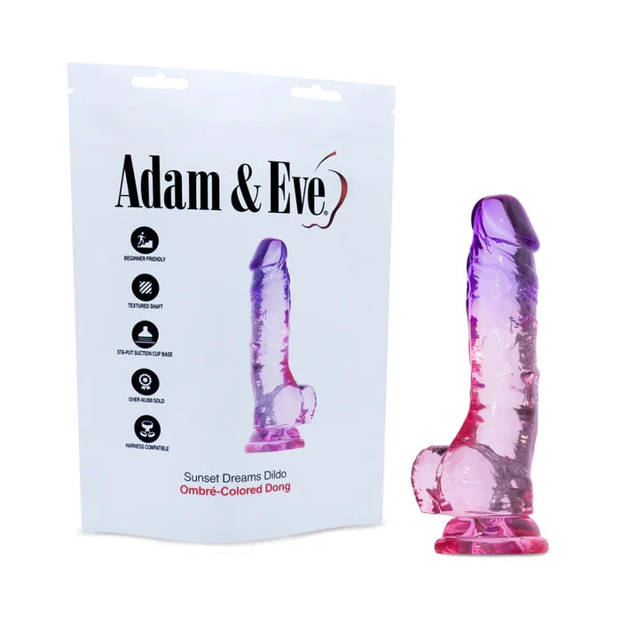 Purple and pink dildo with 'Adam & Eve' packaging on a white background