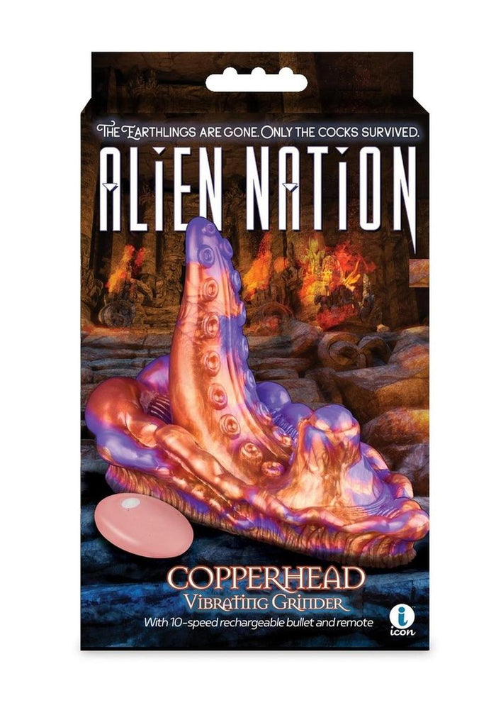 Product packaging for 'Alien Nation Copperhead Vibrating Grinder' with a colorful design on a white background.