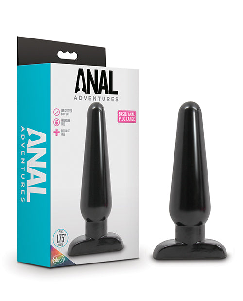 Black anal plug with 'Anal Adventures' packaging on a white background