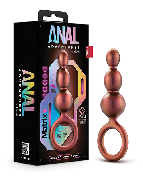 Beaded loop plug with packaging labeled 'Anal Adventures' on a white background