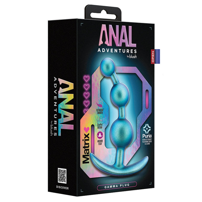 Product packaging for 'Anal Adventures' Gamma Plug with colorful design on a black background