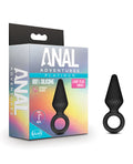 Black silicone loop plug with 'Anal Adventures' packaging on a white background