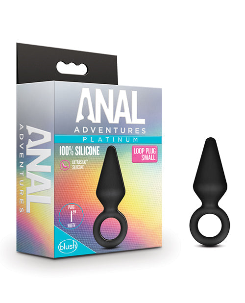 Black silicone loop plug with 'Anal Adventures' packaging on a white background