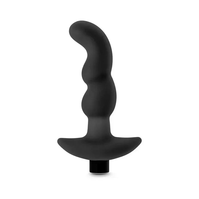 Black silicone butt plug on a white background