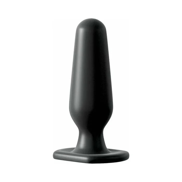 Black silicone butt plug on a white background