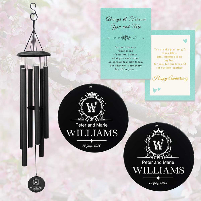 Black Personalized Anniversary Wind Chime for Couples with Custom Engraving and Gift Card