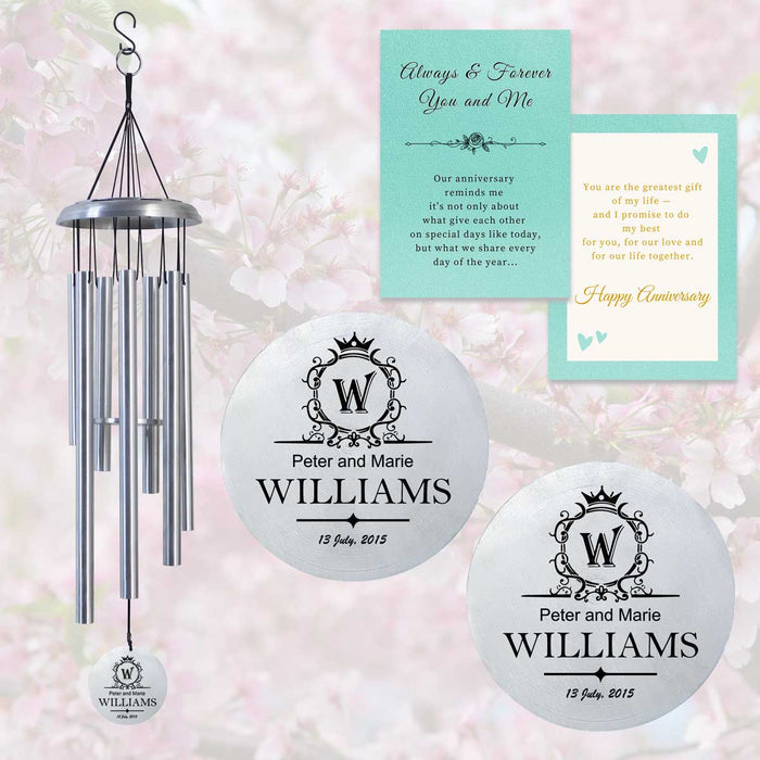 Silver Personalized Anniversary Wind Chime for Couples with Custom Engraving and Gift Card
