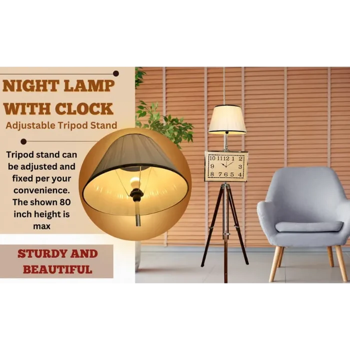 Antique Adjustable Tripod Stand Floor Night Lamp with Vintage Look Clock Home Decor for Living Room ACP09