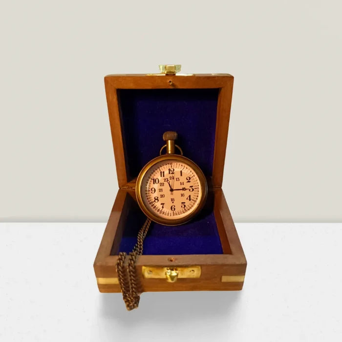 Antique pocket watch with chain and luxury wooden box