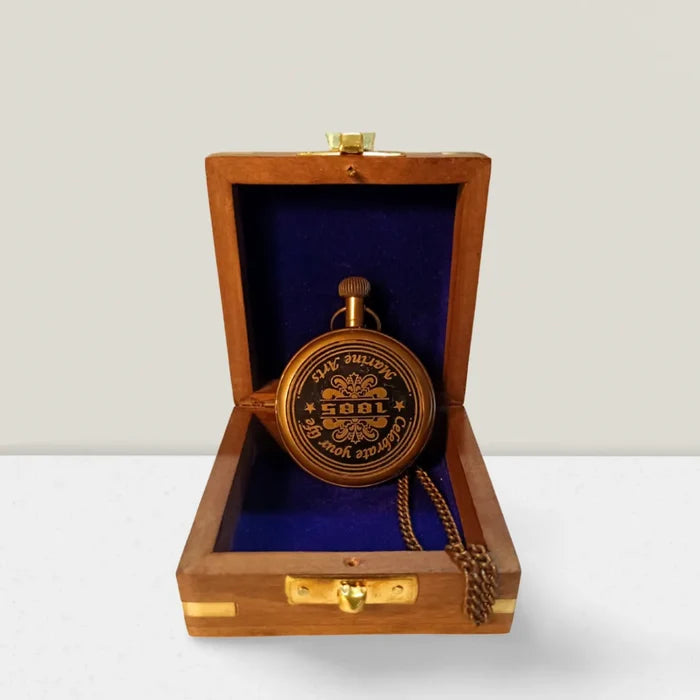 Custom initials on backside of brass pocket chain watch with premium wooden box