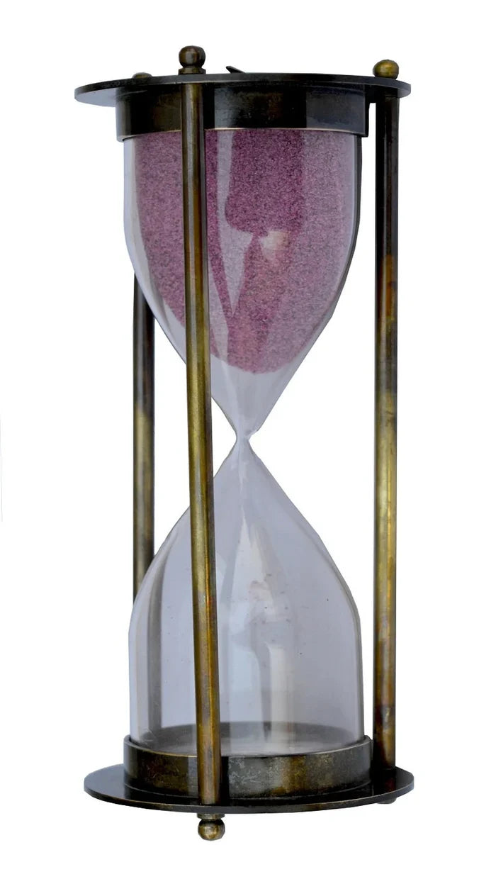 Brass and glass sand clock timer with calendar base