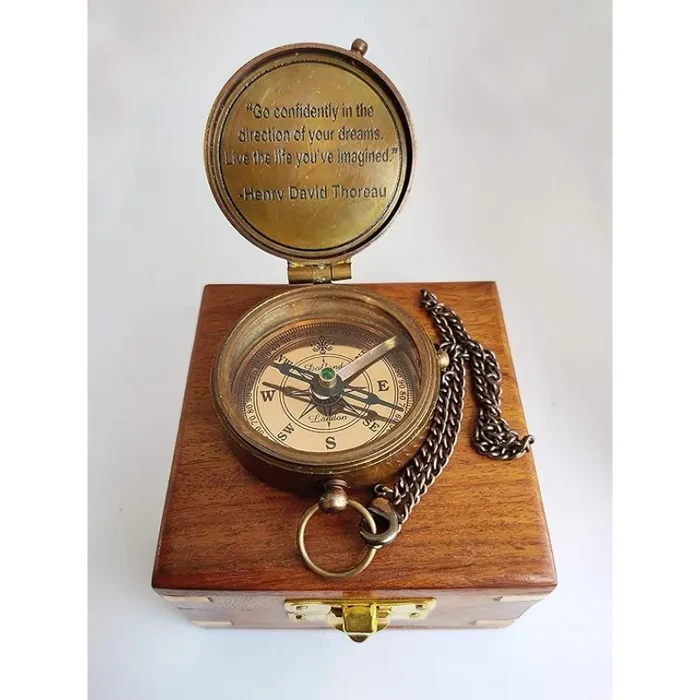 Antique Engraved Compass with Chain and Wooden Box For Gift CW