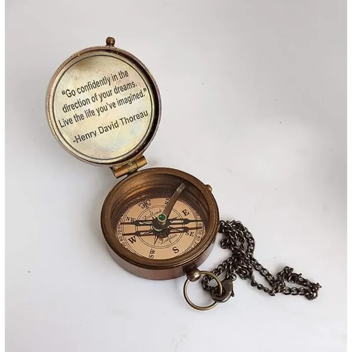 Antique Engraved Compass with Chain and Wooden Box For Gift CW