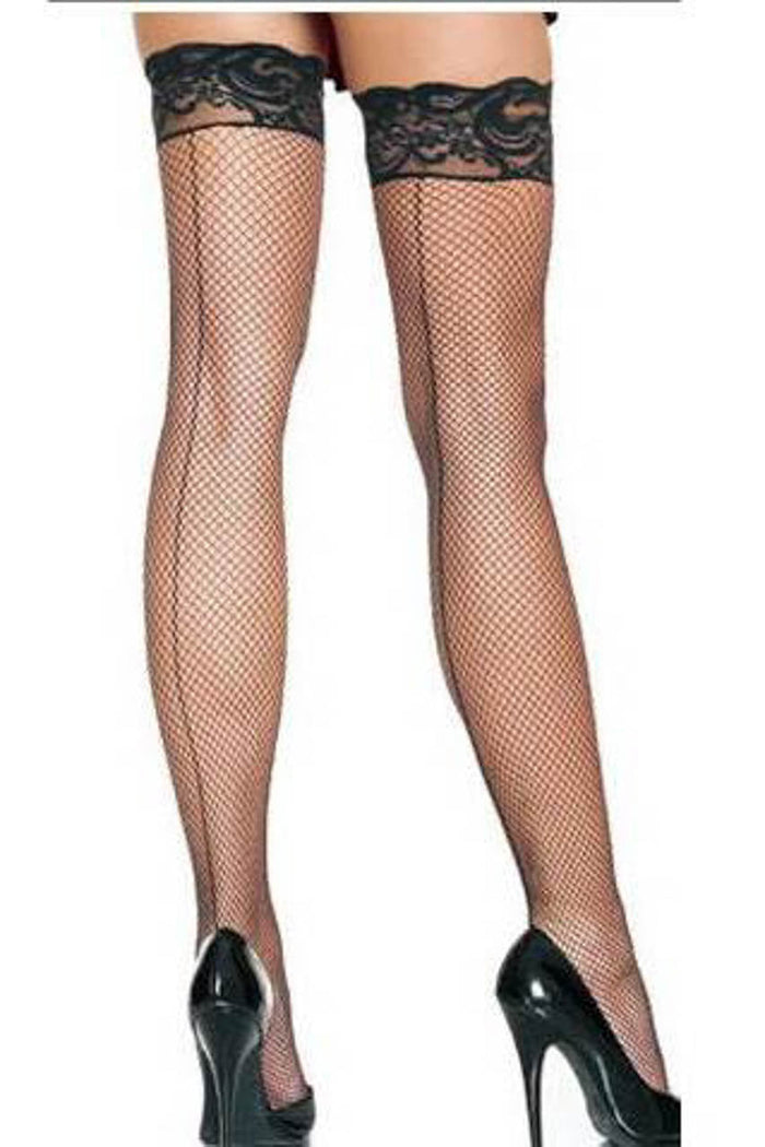 Black lace fishnet stockings worn with black high heels on a white background. Perfect for a casual swinger party evening.