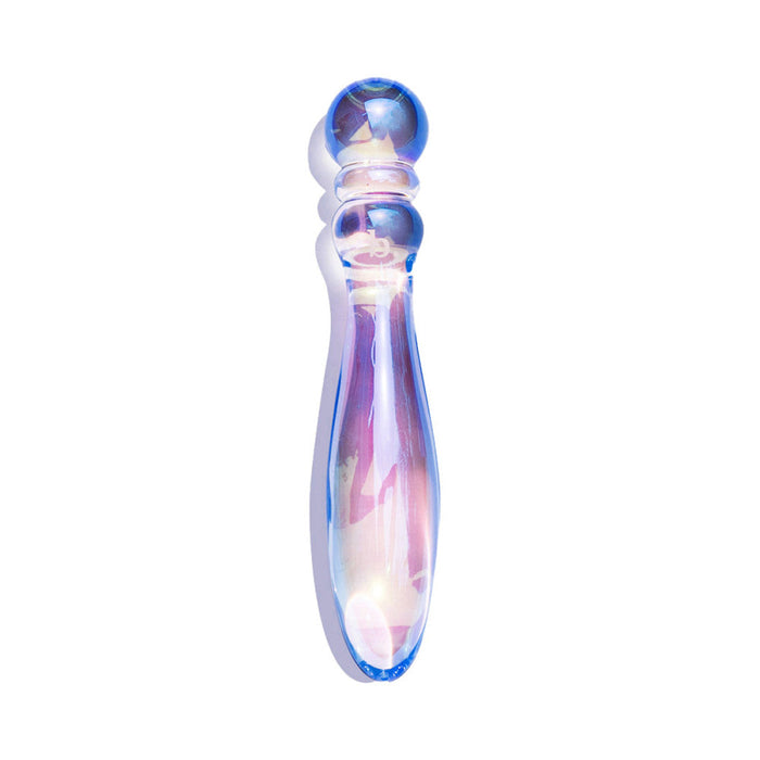 Iridescent glass object with a blue top on a white background