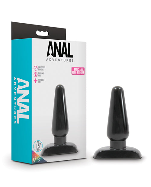 Black anal plug with packaging labeled 'Anal Adventures' on a white background