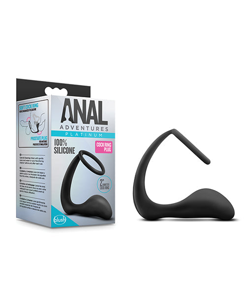 Black silicone cockring with packaging labeled 'Anal Adventures' on a white background
