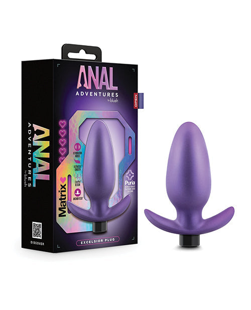 Purple anal plug with packaging labeled 'Anal Adventures' on a white background