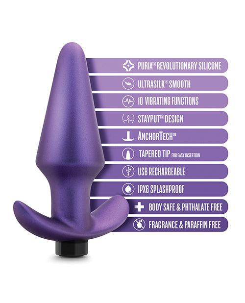 Purple silicone product with feature list on a white background
