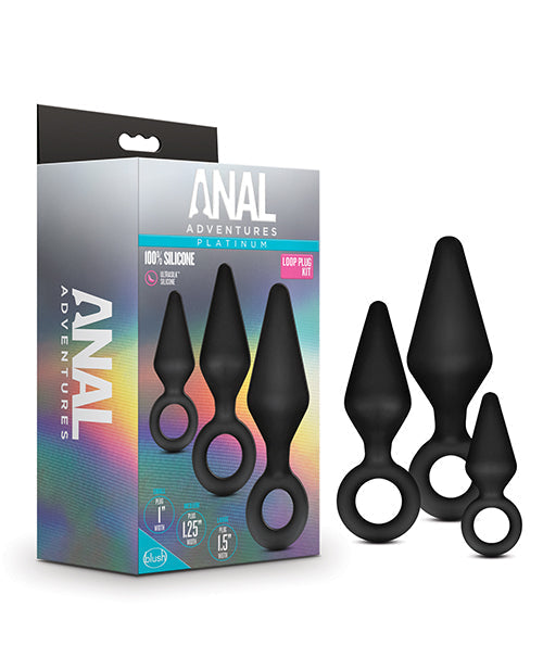 Black silicone anal products with 'Anal Adventures' packaging on a white background