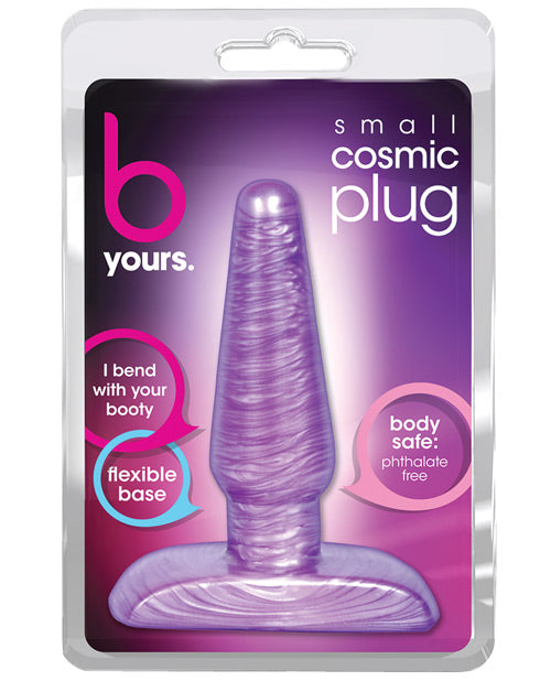 Purple 'b yours' small cosmic plug packaging with text on a white background