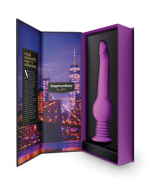 Purple silicone product in a decorative box with 'Impressions' branding and New York City skyline.