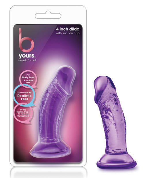Purple 4-inch dildo with suction cup packaging on a white background