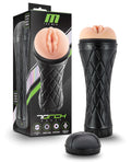 Sexual product with black textured handle and packaging labeled 'M for Men' on a white background.