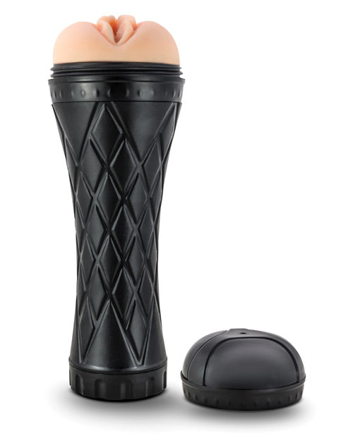 Black textured cylindrical product with a beige top on a white background